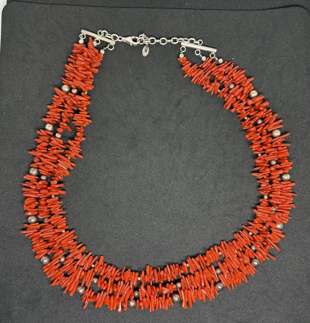 Vintage Barse 925 Sterling Silver Ox Blood Coral Branch Three Strand Necklace